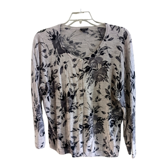 Talbots 2 piece Merino Wool Gray Floral Long Sleeve Twin Set ,2X petite EUC - Picture 1 of 5